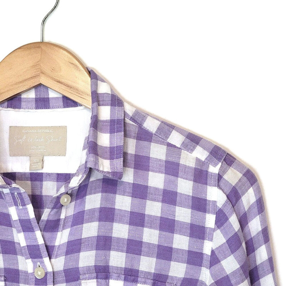 Banana Republic Linen Cotton Gingham Checked Soft Wash Button Down Shirt Size XS - Picture 4 of 16